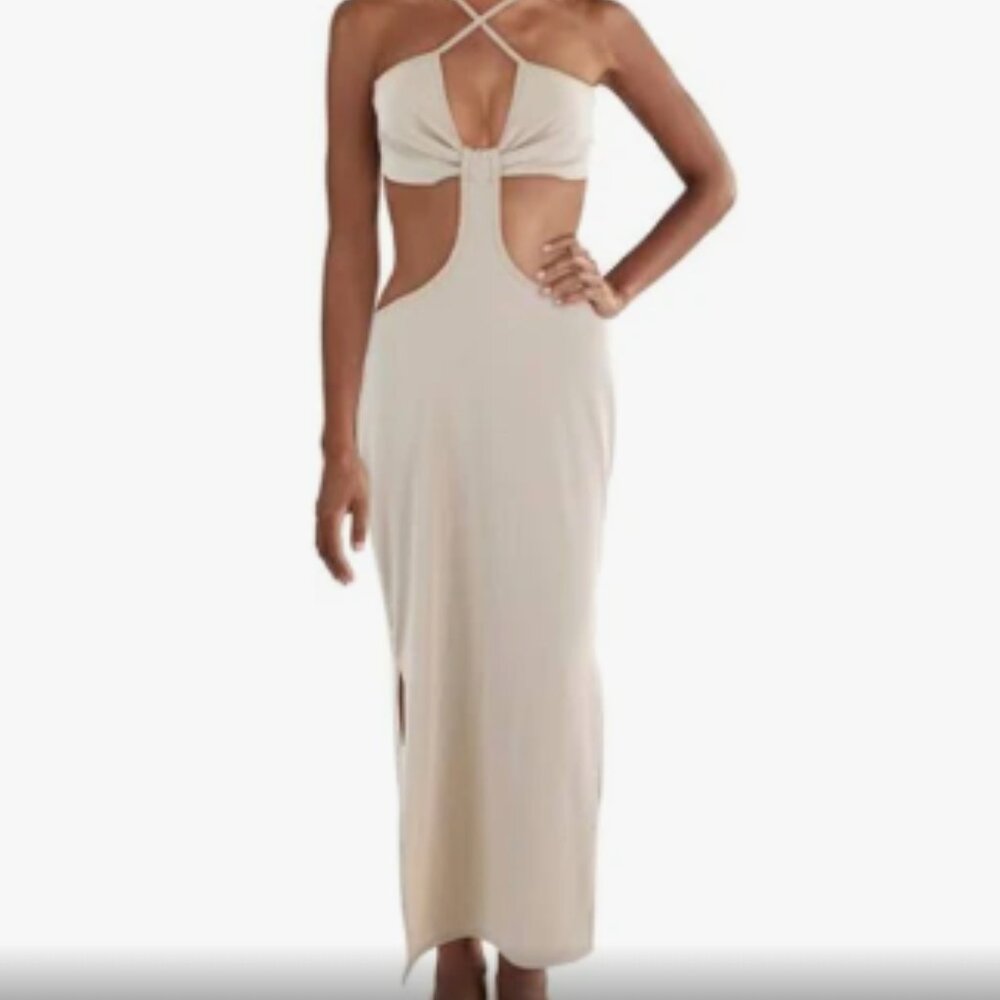 NWT Almost Famous cutout long tan/beige dress (Size: medium)
